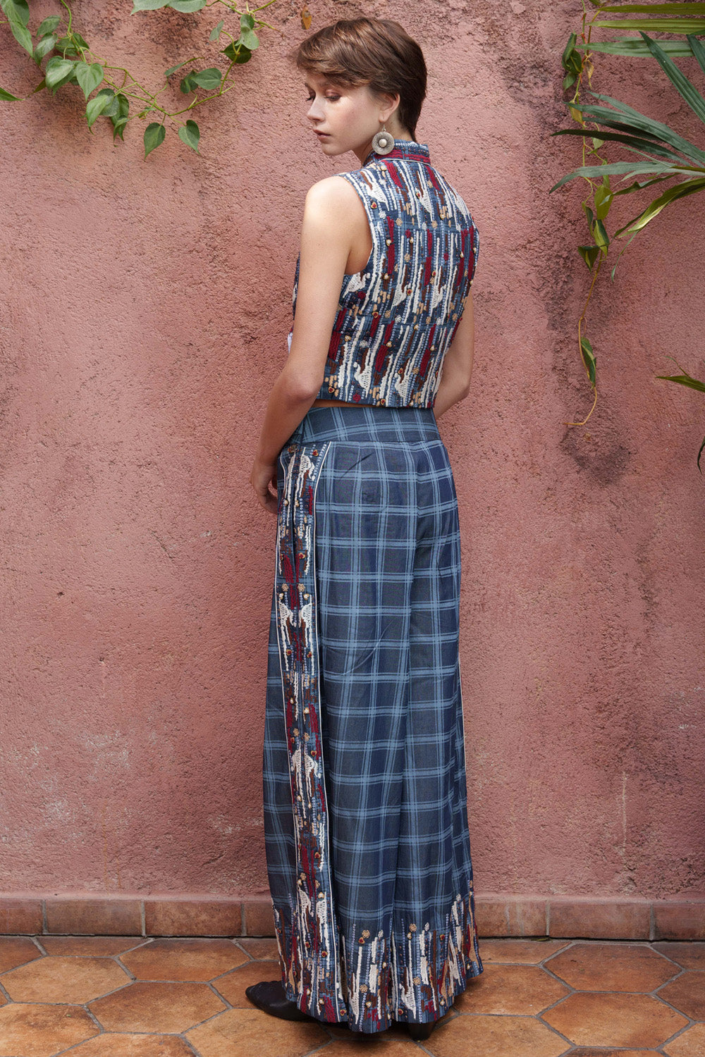 Denim checks embroidered co-ord set