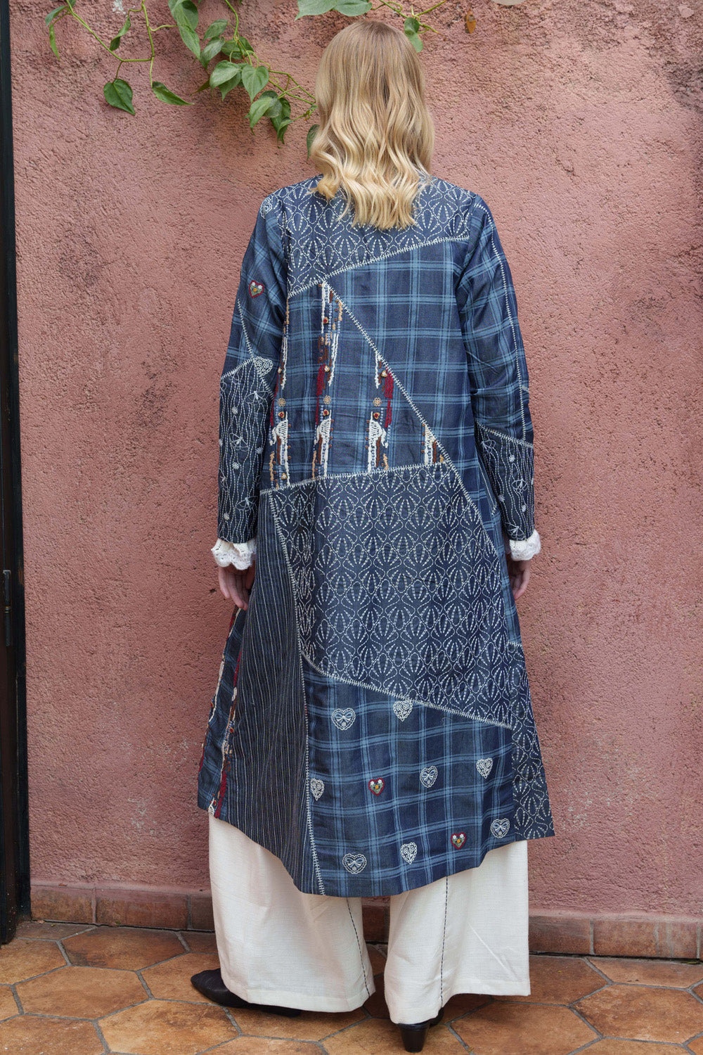 Blue denim printed and embroidered patchwork jacket