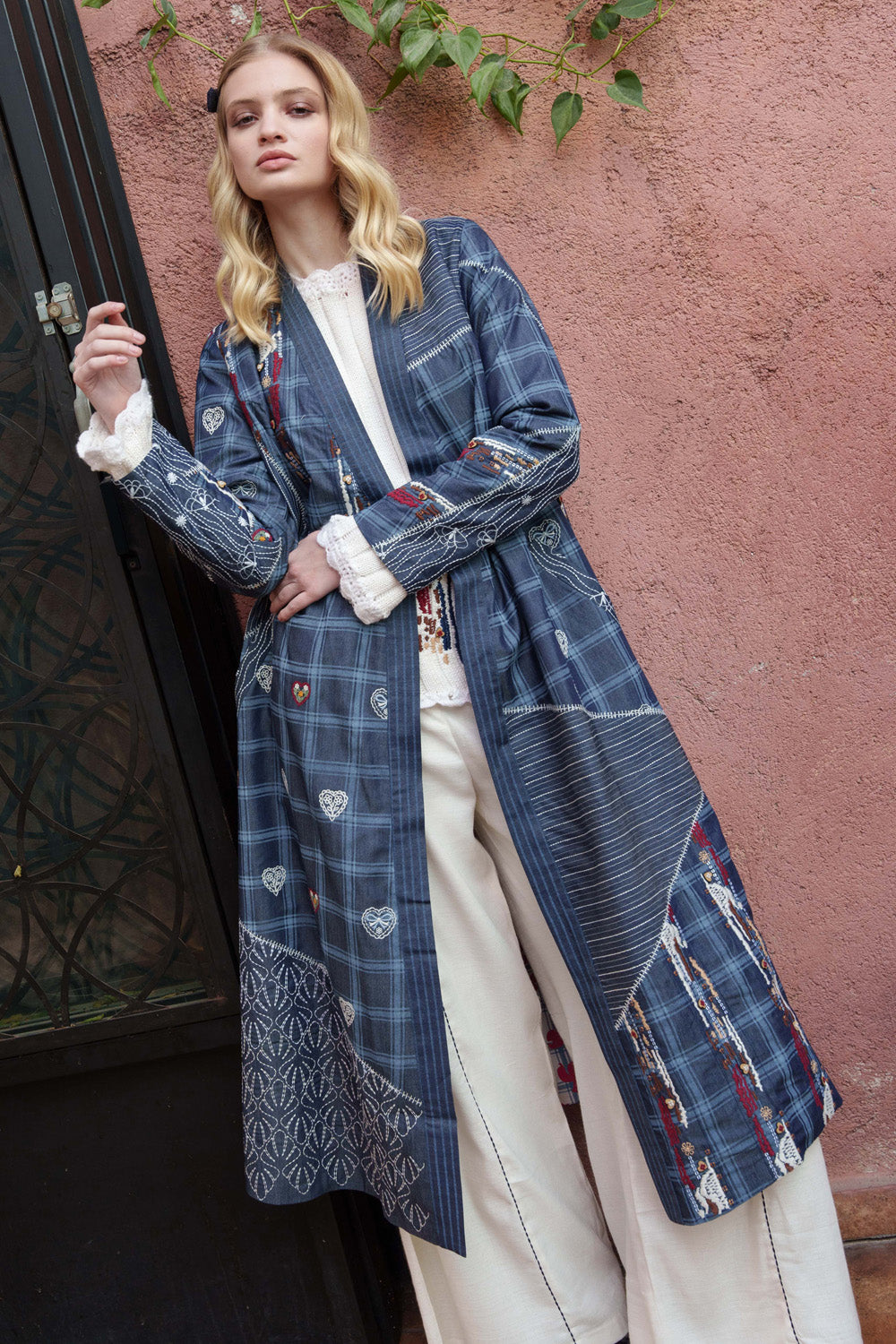 Blue denim printed and embroidered patchwork jacket