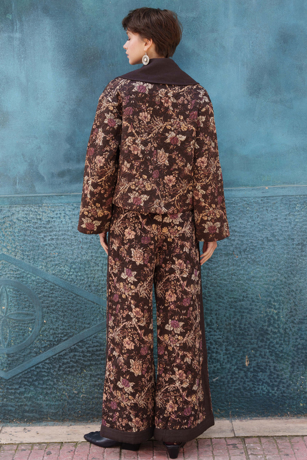Brown satin chintz printed and quilted pantsuit