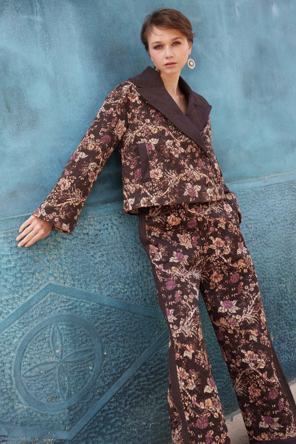 Brown satin chintz printed and quilted pantsuit
