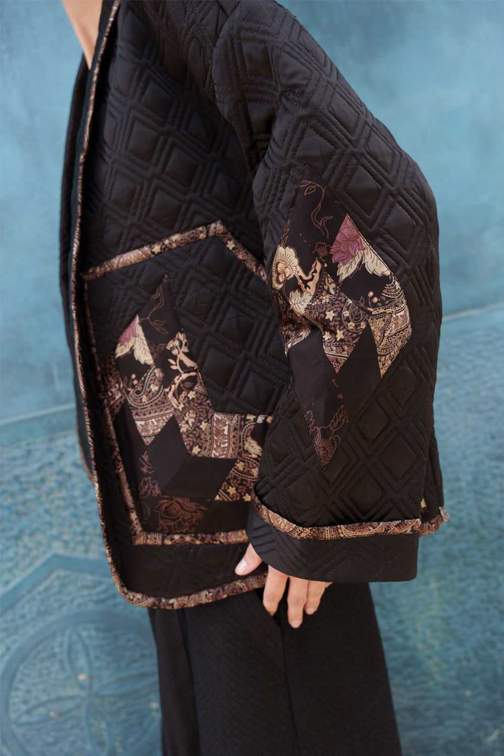 Black quilted applique crop kimono jacket