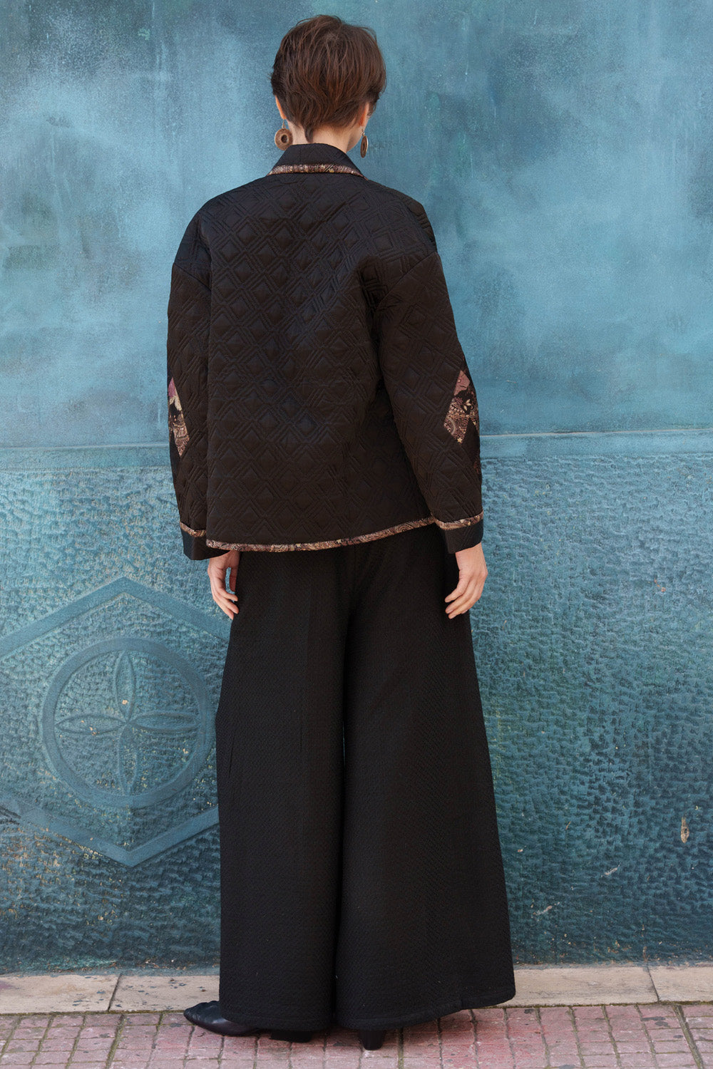 Black quilted applique crop kimono jacket