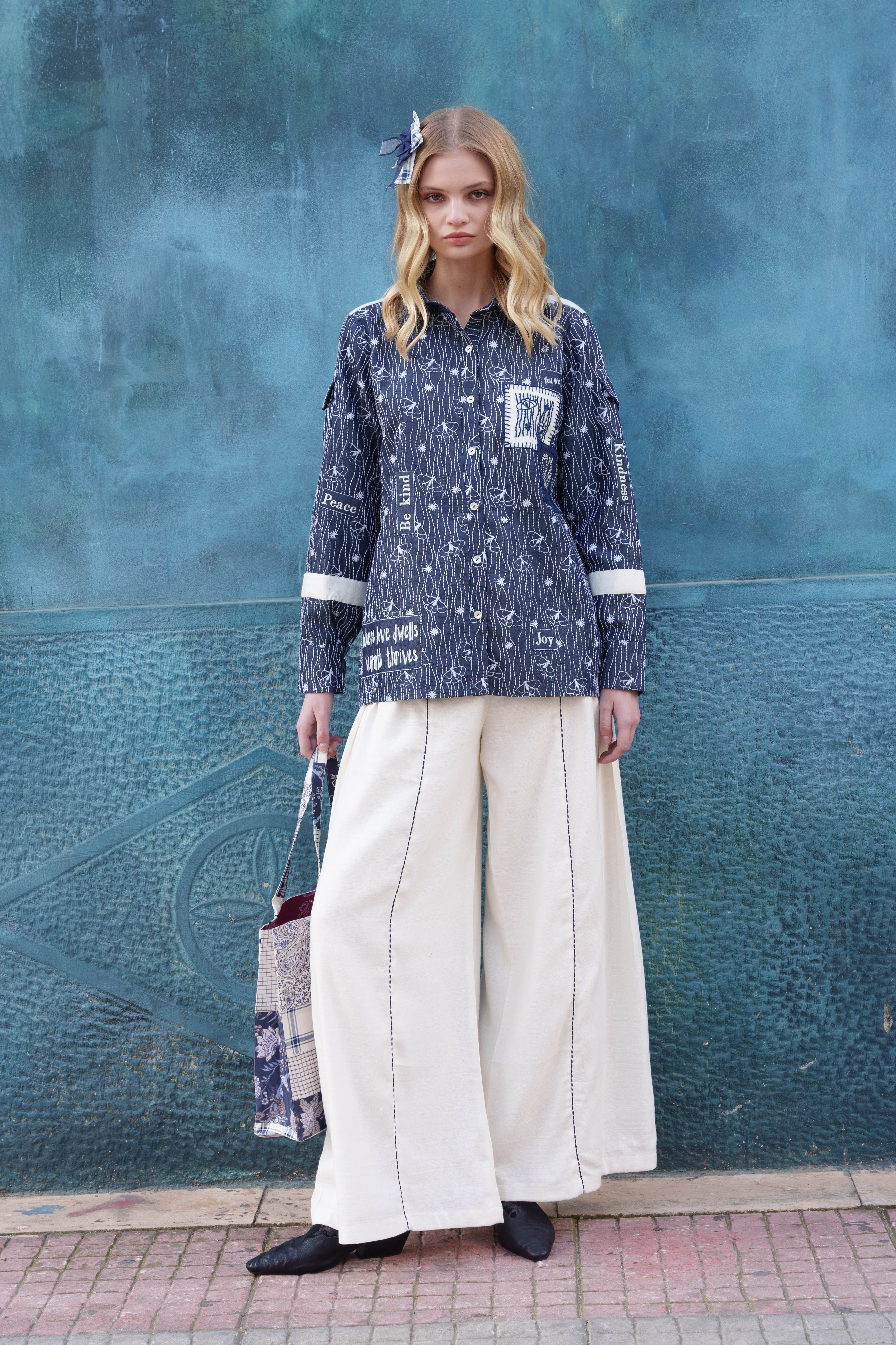 White "you are enough" pleated pants
