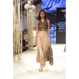 Brown khadi tie up crop top with beige stripe slit and pleated pants and brown embroidered crop jacket