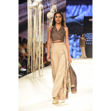 Brown khadi tie up crop top with beige stripe slit and pleated pants and brown embroidered crop jacket