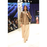 Brown khadi jacket with embroidered yoke and stripe jumpsuit with stitchline detais on bodice
