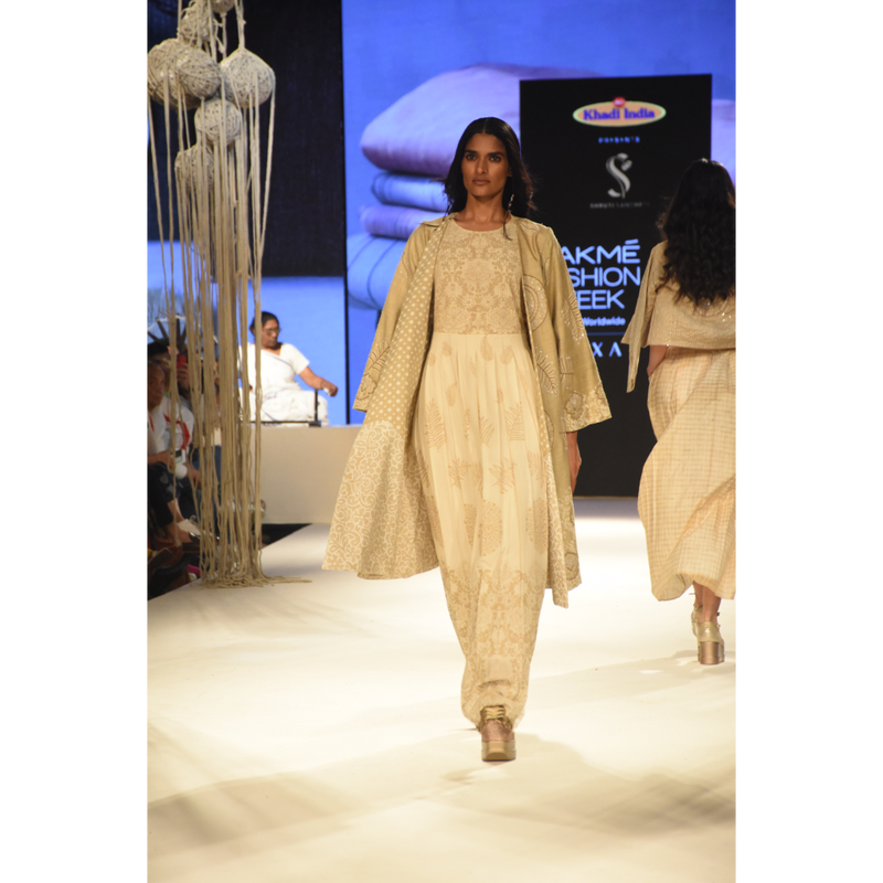 Beige khadi printed and embroidered jacket with a khadi printed and pleated maxi