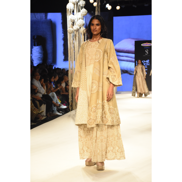 Beige khadi printed and embroidered jacket with a khadi printed and pleated maxi