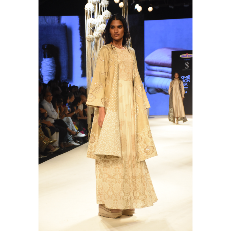 Beige khadi printed and embroidered jacket with a khadi printed and pleated maxi