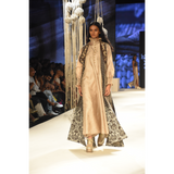 Beige kaftan maxi with smoking collar and cuffs with brown checks and embroidered side tie up throw