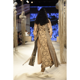 Beige kaftan maxi with smoking collar and cuffs with brown checks and embroidered side tie up throw