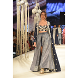 Blue embroidered long jacket with a front open checked kalidar skirt and an attached shorts with embroidered bustier