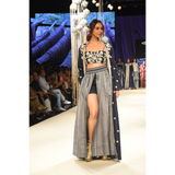 Blue embroidered long jacket with a front open checked kalidar skirt and an attached shorts with embroidered bustier