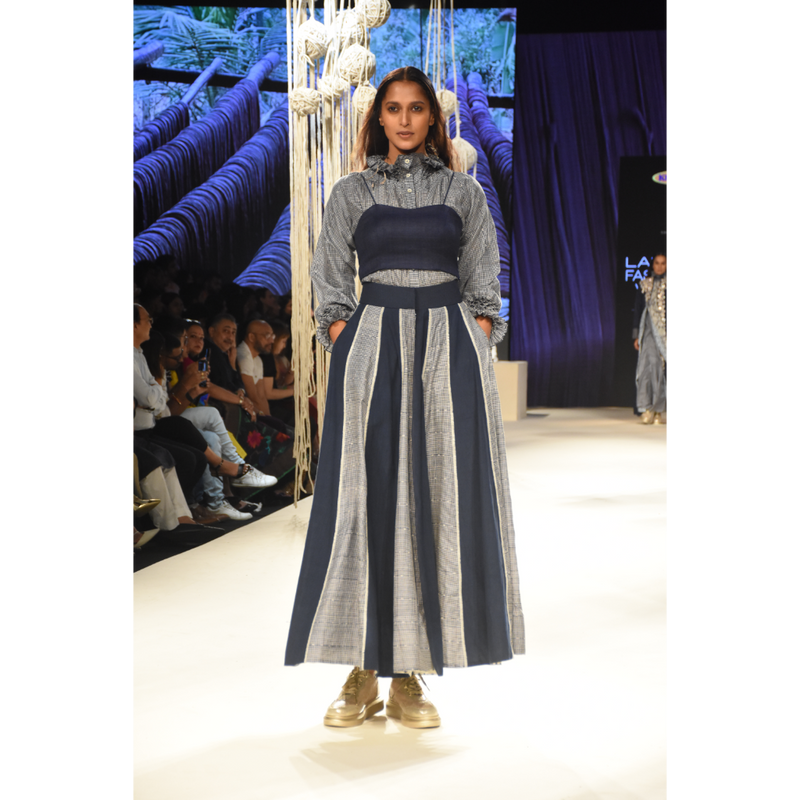 Blue checked kalidar front open skirt with printed attached pants and blue checked shirt and blue bustier