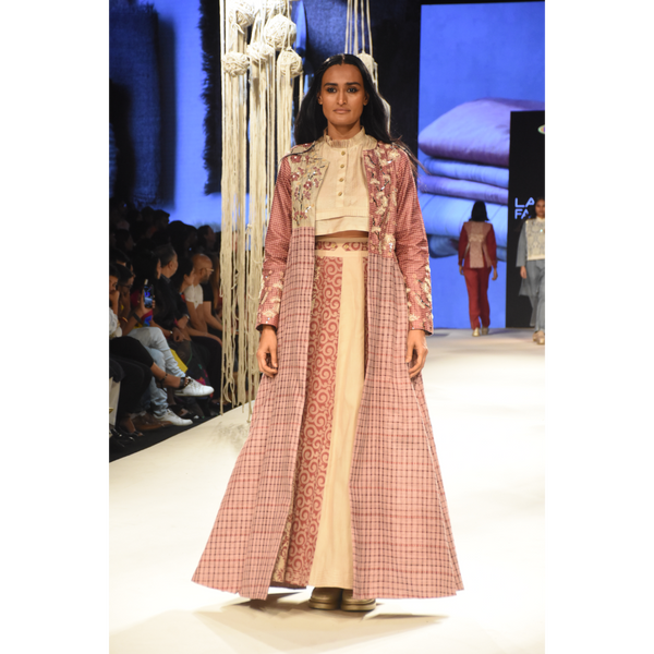 Red checked embroidered jacket with a beige crop top and color block printed kalidar skirt
