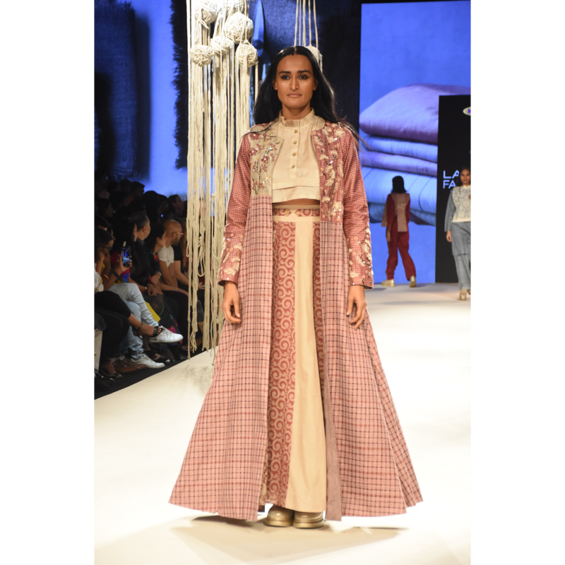 Red checked embroidered jacket with a beige crop top and color block printed kalidar skirt
