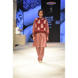 Red checks kurta with pants and red leaf printed and embroidered vest