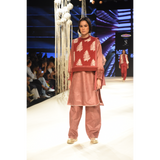 Red checks kurta with pants and red leaf printed and embroidered vest
