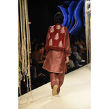 Red checks kurta with pants and red leaf printed and embroidered vest