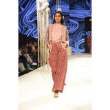 Pink khadi shirt with red embroidered palazzo and red checks printed and embroidered crop jacket