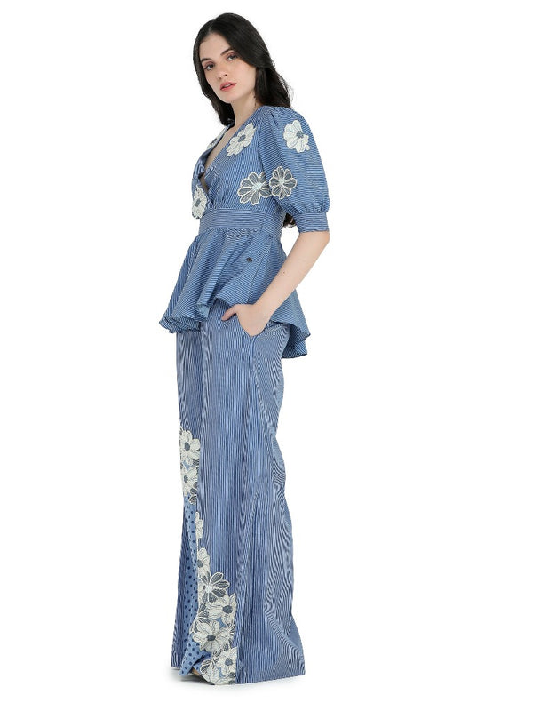 Blue floral printed and embroidered peplum top and palazzo