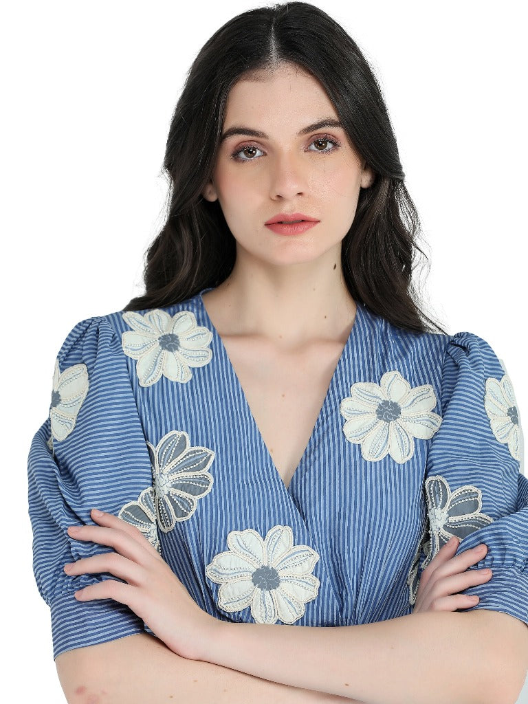 Blue floral printed and embroidered peplum top and palazzo