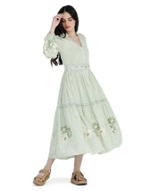 Mint green floral printed and embroidered dress with belt