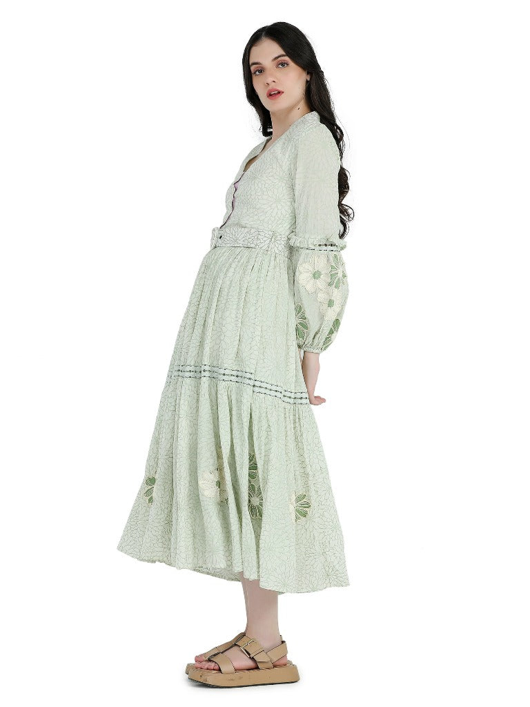 Mint green floral printed and embroidered dress with belt