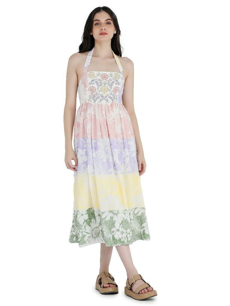 White halter neck printed and embroidered midi dress