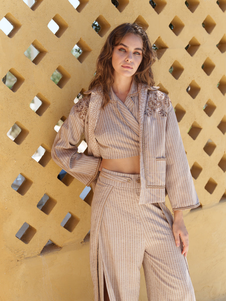 Beige stripe khadi oversized cord and bead embroidered blazer with a beige khadi waistcoat and overlapping slit pants with chawal taka details