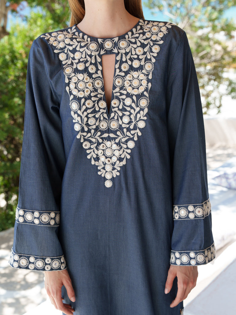 Blue chambray embroidered kaftan