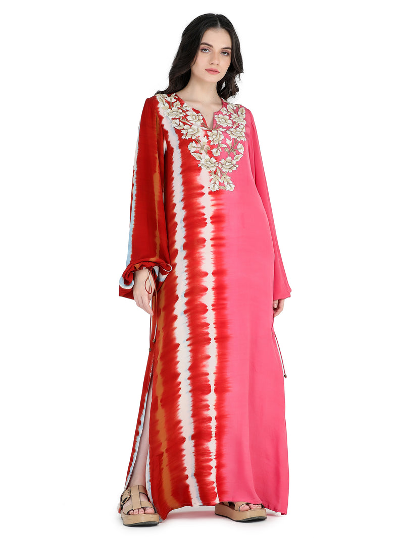 Multi-color tie and dye kaftan maxi with embroidery