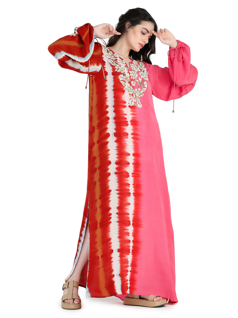 Multi-color tie and dye kaftan maxi with embroidery