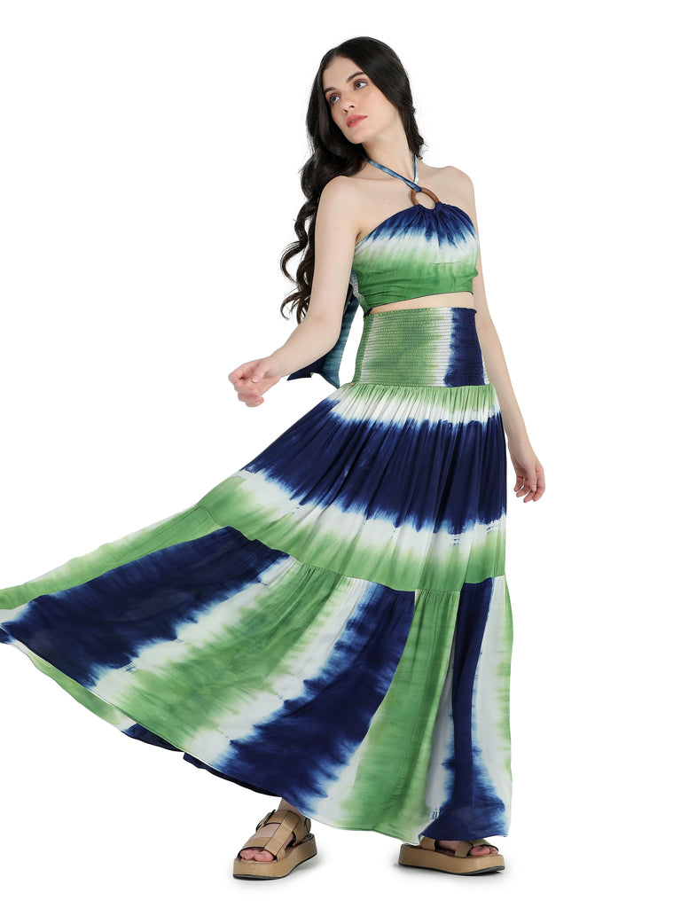 Blue, white, green tie and dye crepe crop top with tiered skirt