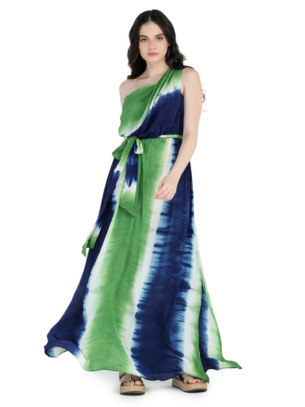 Blue, green and white crepe one shoulder slit maxi