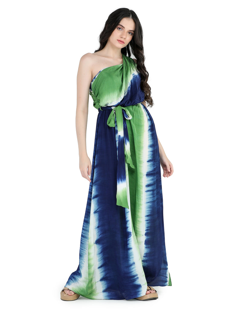 Blue, green and white crepe one shoulder slit maxi