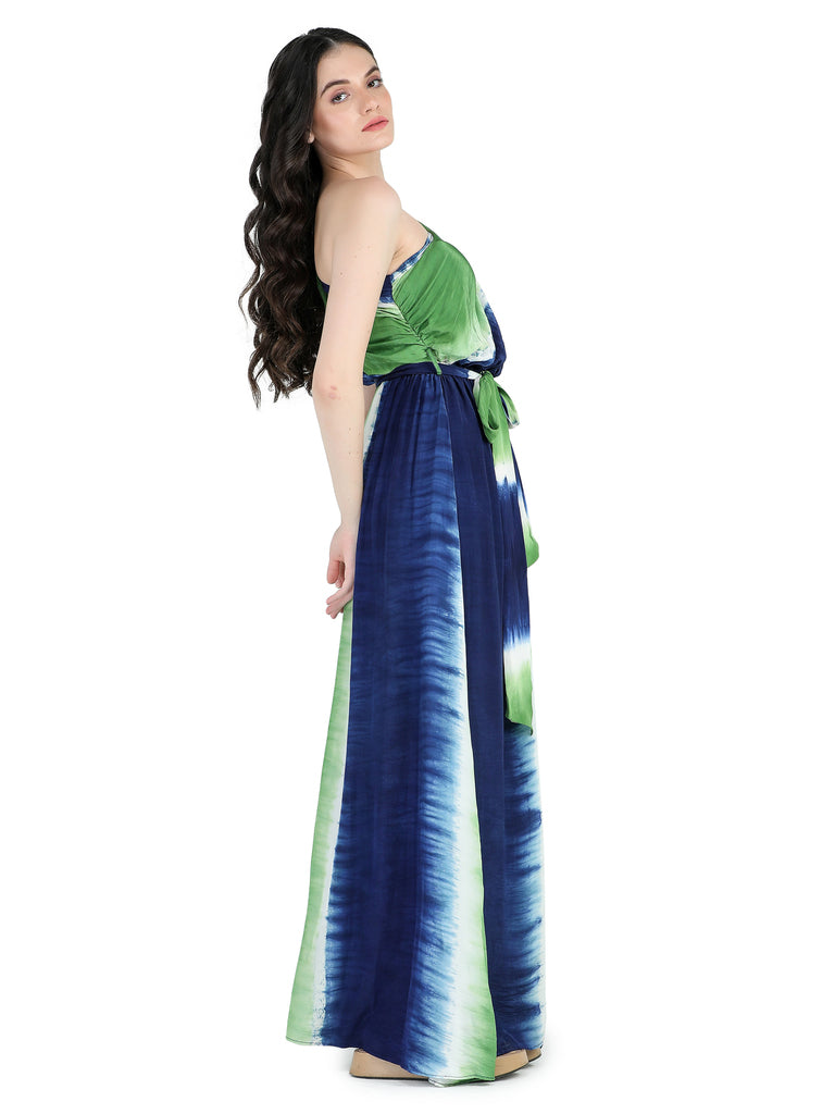 Blue, green and white crepe one shoulder slit maxi