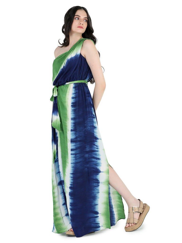 Blue, green and white crepe one shoulder slit maxi