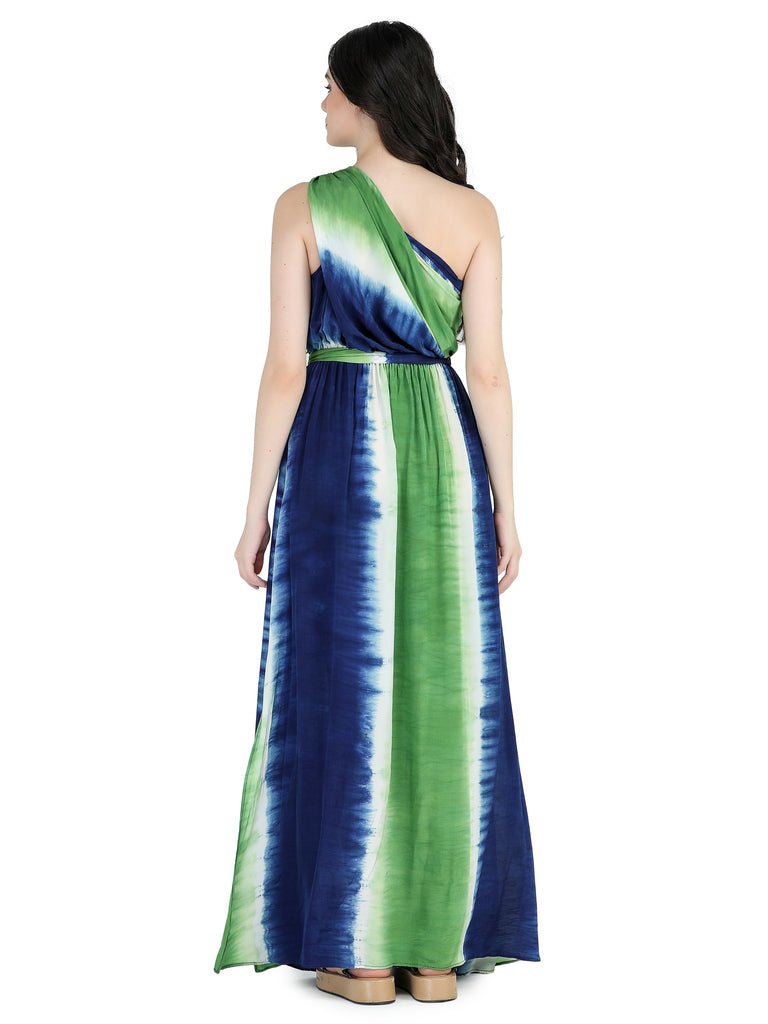 Blue, green and white crepe one shoulder slit maxi