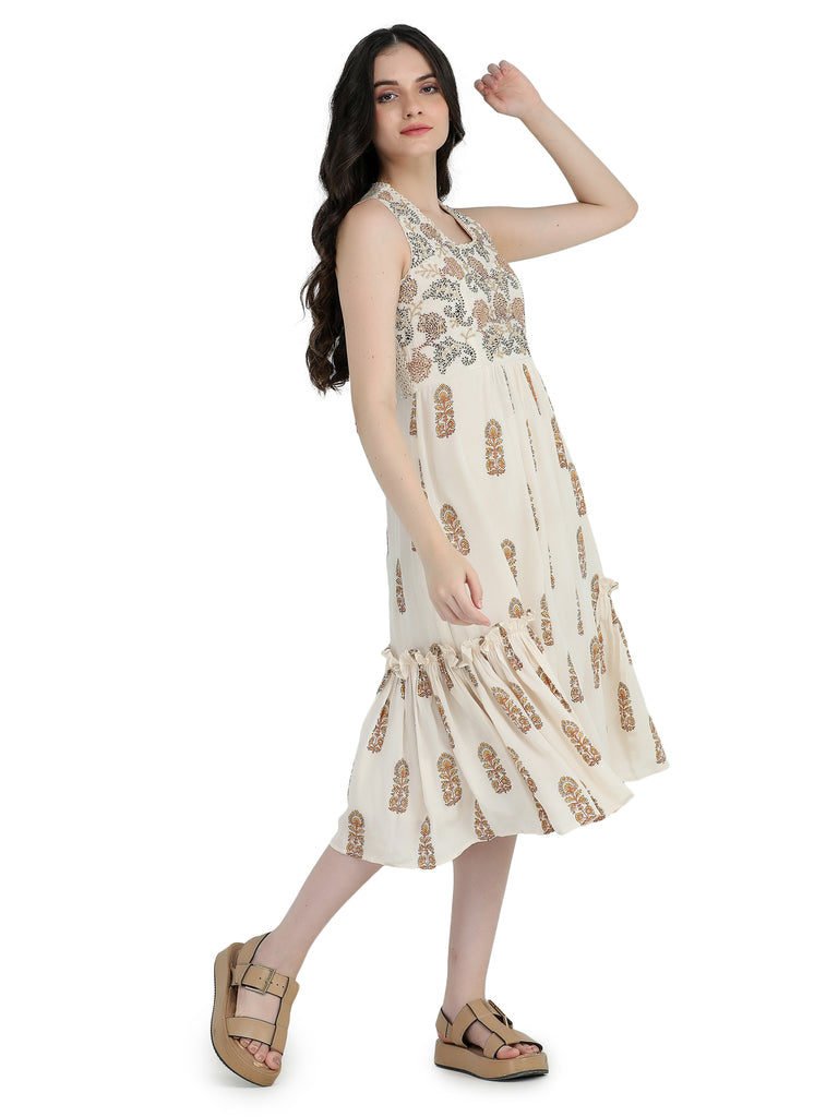 Bone crepe block printed short dress with co-ord and bead embroidered bodice