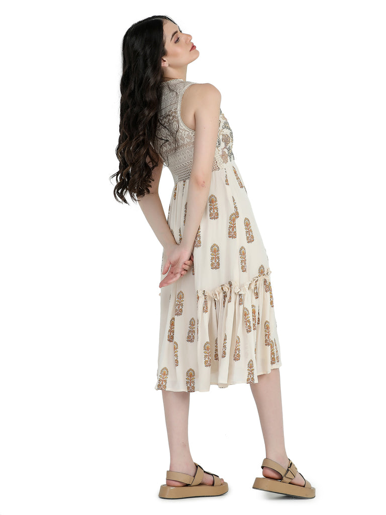 Bone crepe block printed short dress with co-ord and bead embroidered bodice