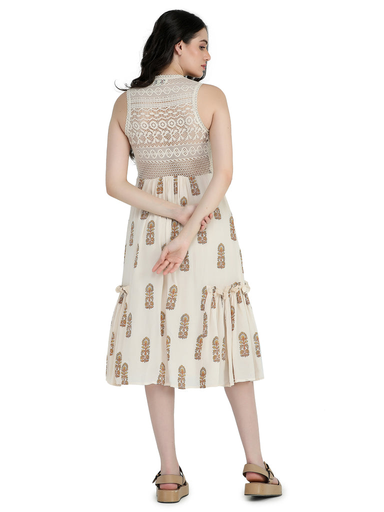 Bone crepe block printed short dress with co-ord and bead embroidered bodice