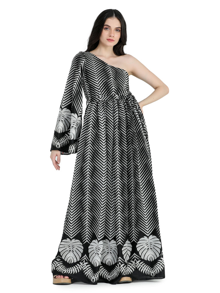 Black satin chiffon one shoulder gathered maxi .