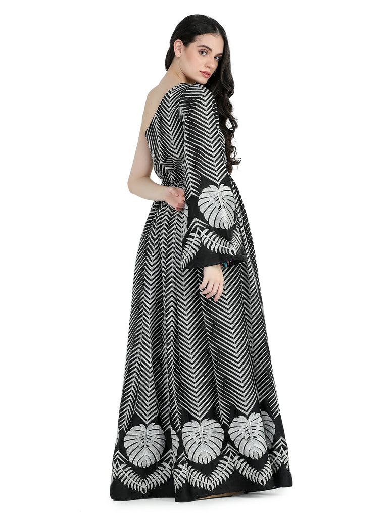 Black satin chiffon one shoulder gathered maxi .