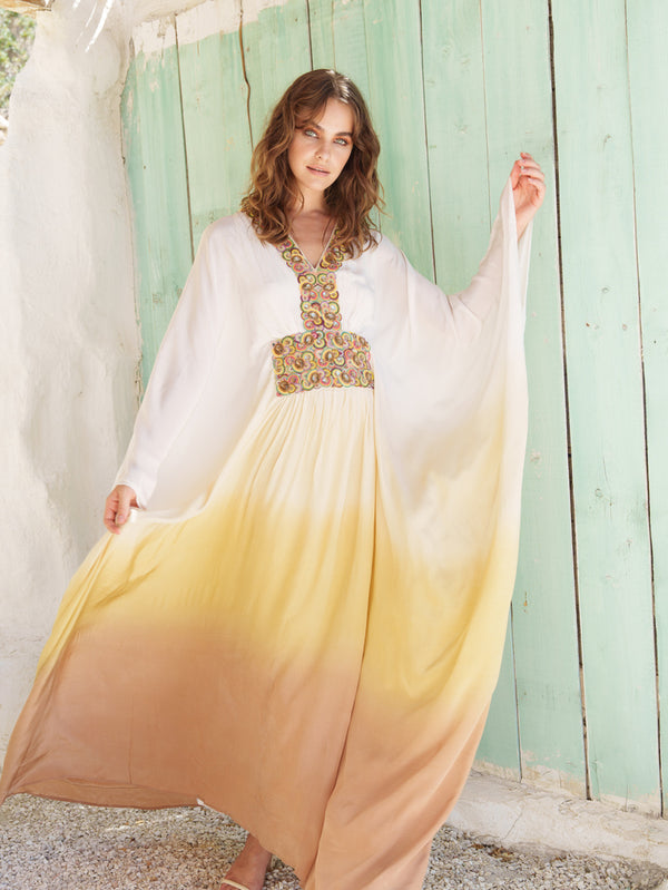 White, ocher and brown  ombre dyed tiered kaftan  with embroidered yoke