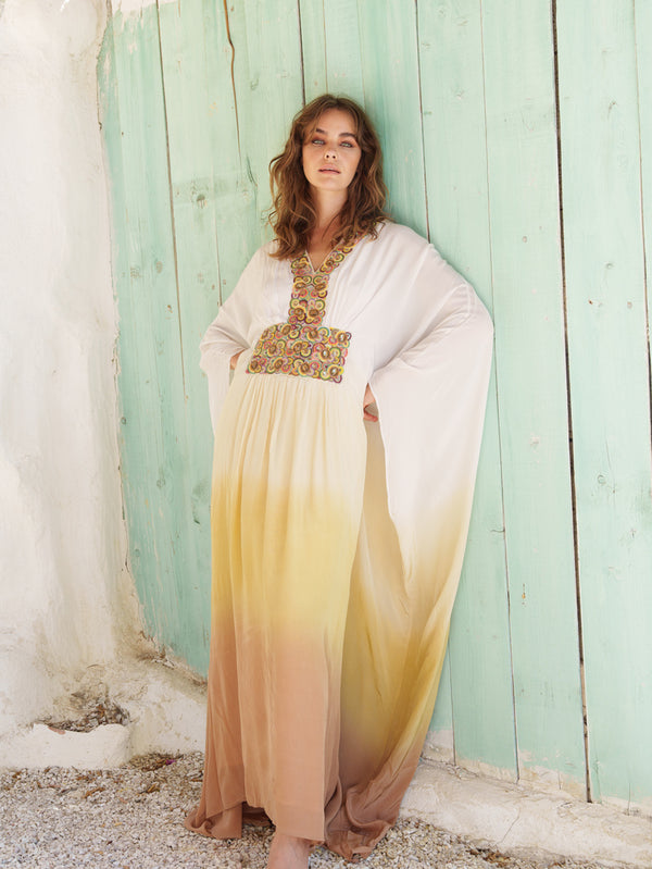 White, ocher and brown  ombre dyed tiered kaftan  with embroidered yoke