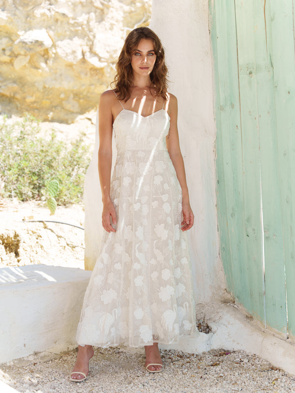 White organza bird  embroidered maxi