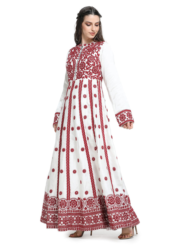 White with red mirrorwork embroidery anarkali maxi