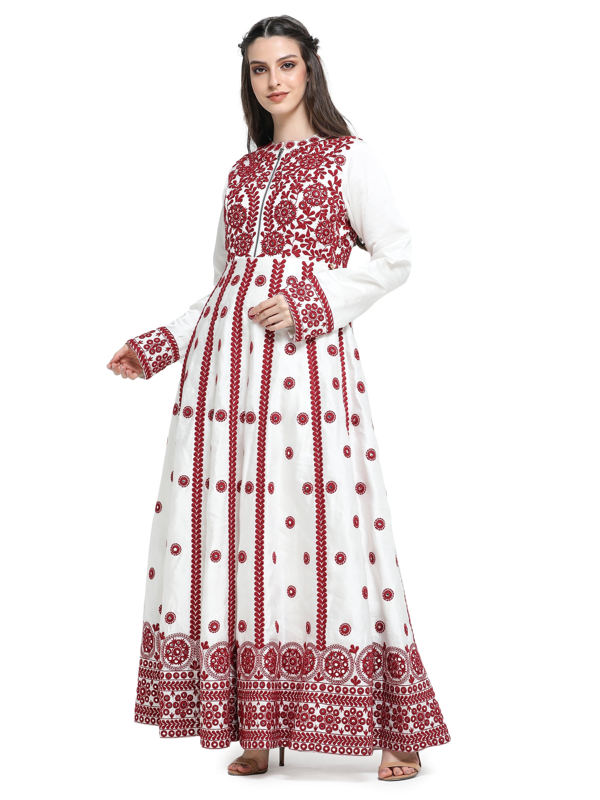 White with red mirrorwork embroidery anarkali maxi